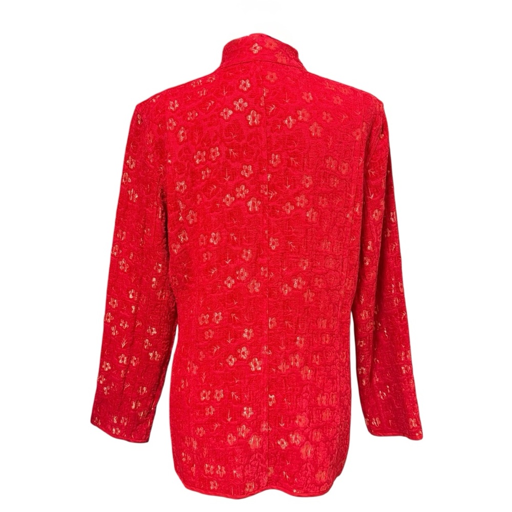 Chico’s Red Floral Jacquard Mandarin Collar Button Jacket Blazer Size 1 - Picture 3 of 7